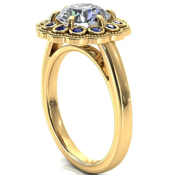 Rings Fire Brilliance Zinnia Round Center Stone 6 Prongs Milgrain Halo Accent Blue Sapphire Ring
