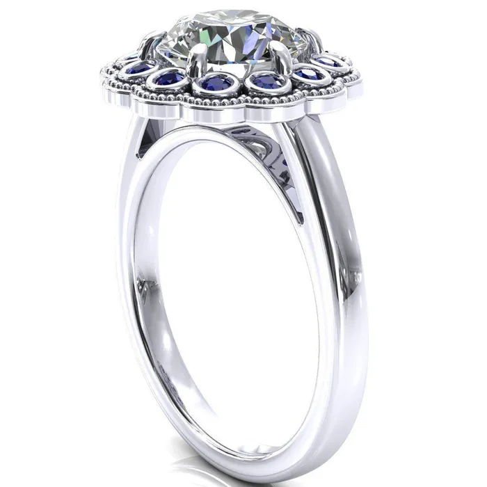 Rings Fire Brilliance Zinnia Round Center Stone 6 Prongs Milgrain Halo Accent Blue Sapphire Ring