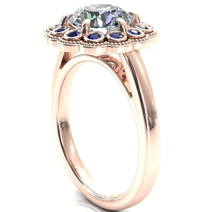 Rings Fire Brilliance Zinnia Round Center Stone 6 Prongs Milgrain Halo Accent Blue Sapphire Ring
