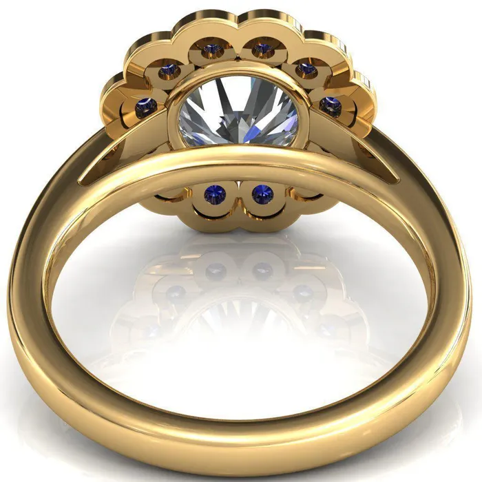 Rings Fire Brilliance Zinnia Round Center Stone 6 Prongs Milgrain Halo Accent Blue Sapphire Ring
