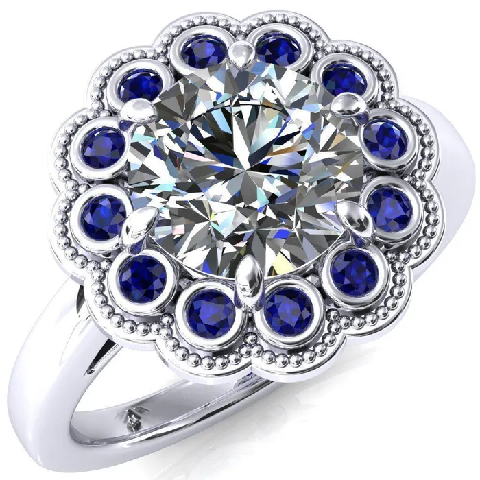 Rings Fire Brilliance Zinnia Round Center Stone 6 Prongs Milgrain Halo Accent Blue Sapphire Ring