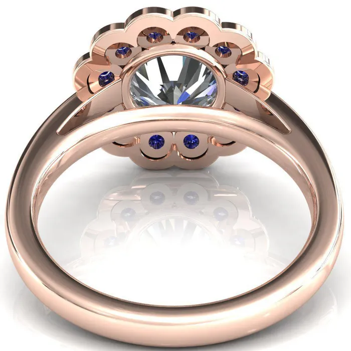 Rings Fire Brilliance Zinnia Round Center Stone 6 Prongs Milgrain Halo Accent Blue Sapphire Ring