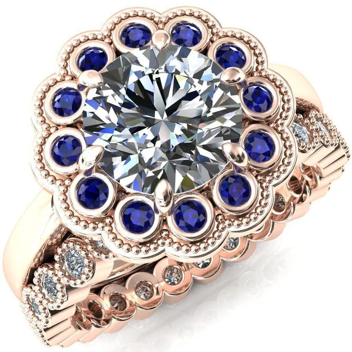 Rings Fire Brilliance Zinnia Round Center Stone 6 Prongs Milgrain Halo Accent Blue Sapphire Ring