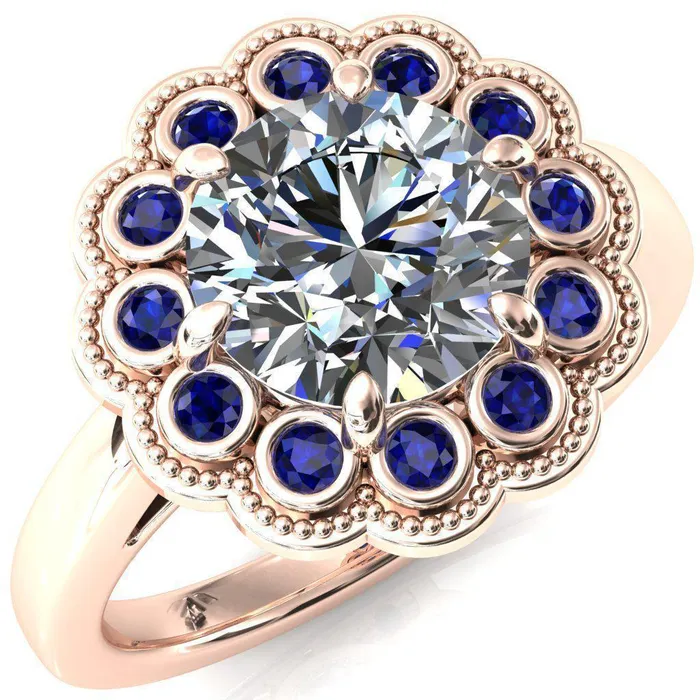 Rings Fire Brilliance Zinnia Round Center Stone 6 Prongs Milgrain Halo Accent Blue Sapphire Ring