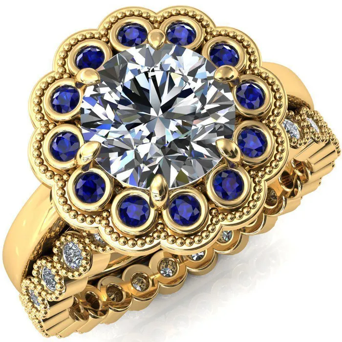 Rings Fire Brilliance Zinnia Round Center Stone 6 Prongs Milgrain Halo Accent Blue Sapphire Ring