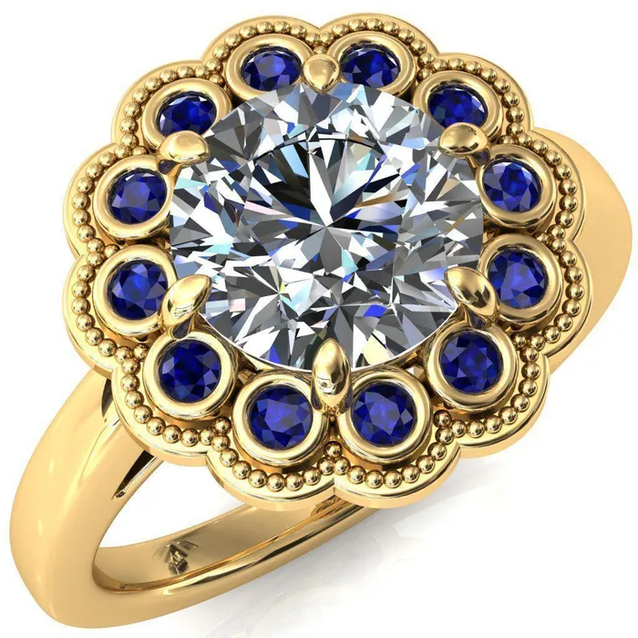 Rings Fire Brilliance Zinnia Round Center Stone 6 Prongs Milgrain Halo Accent Blue Sapphire Ring