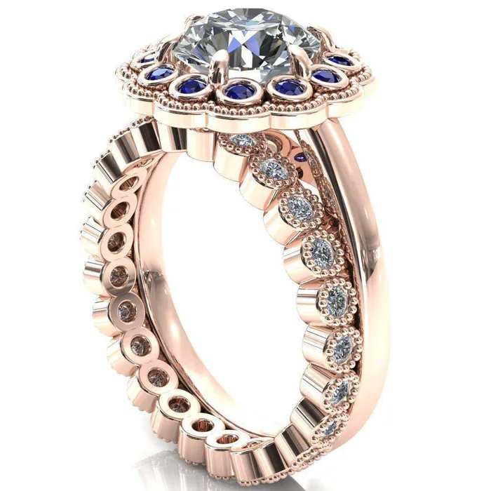 Rings Fire Brilliance Zinnia Round Center Stone 6 Prongs Milgrain Halo Accent Blue Sapphire Ring