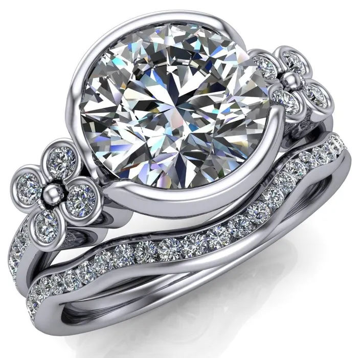 Rings Jenna Round Center Stone Half Bezel Center and Bezel Diamond 4 Lucky Clover Sides Ring Fire Brilliance Rings Jenna Round Center Stone Half Bezel Center and Bezel Diamond 4 Lucky Clover Sides Ring Fire Brilliance