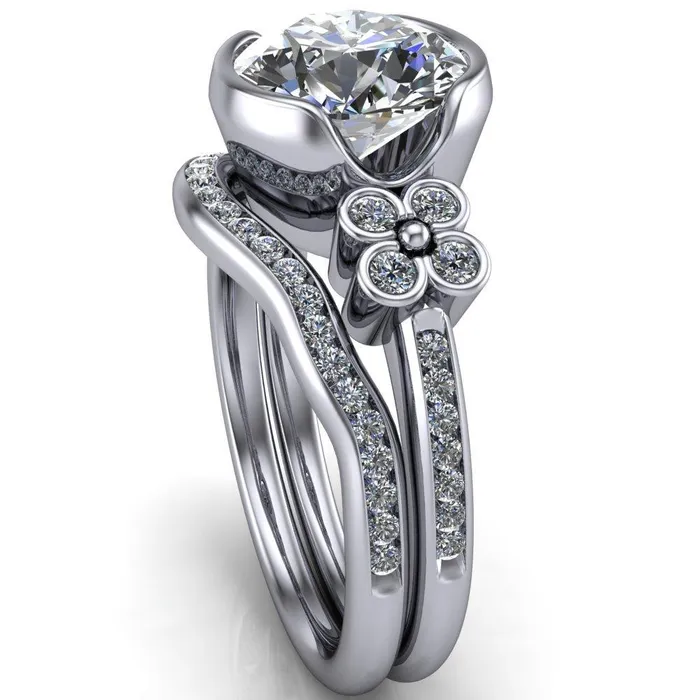 Rings Jenna Round Center Stone Half Bezel Center and Bezel Diamond 4 Lucky Clover Sides Ring Fire Brilliance 
