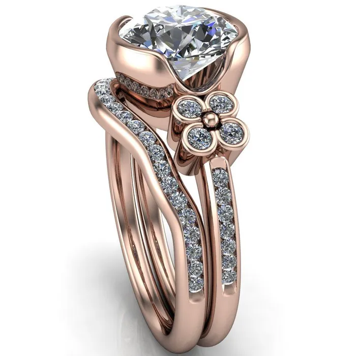 Rings Jenna Round Center Stone Half Bezel Center and Bezel Diamond 4 Lucky Clover Sides Ring Fire Brilliance 