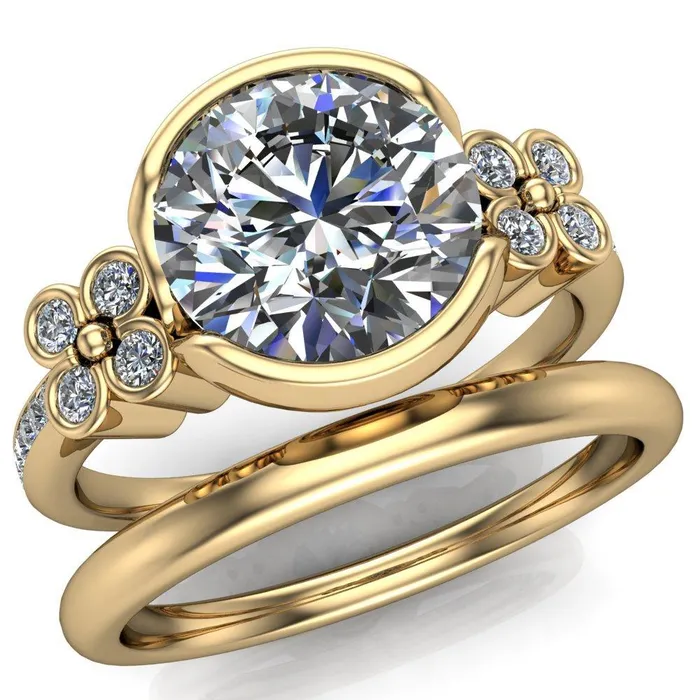 Rings Jenna Round Center Stone Half Bezel Center and Bezel Diamond 4 Lucky Clover Sides Ring Fire Brilliance 