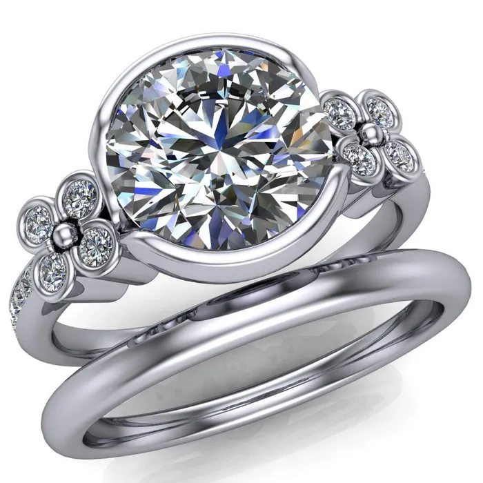 Rings Jenna Round Center Stone Half Bezel Center and Bezel Diamond 4 Lucky Clover Sides Ring Fire Brilliance 