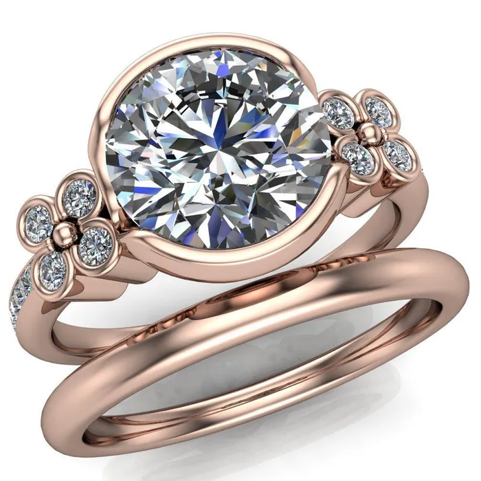 Rings Jenna Round Center Stone Half Bezel Center and Bezel Diamond 4 Lucky Clover Sides Ring Fire Brilliance 