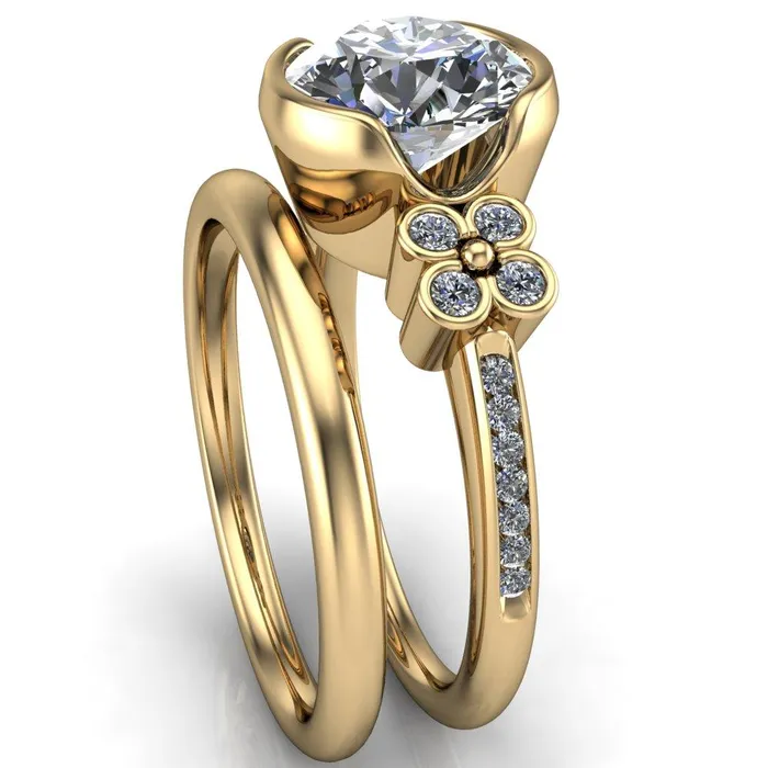 Rings Jenna Round Center Stone Half Bezel Center and Bezel Diamond 4 Lucky Clover Sides Ring Fire Brilliance 