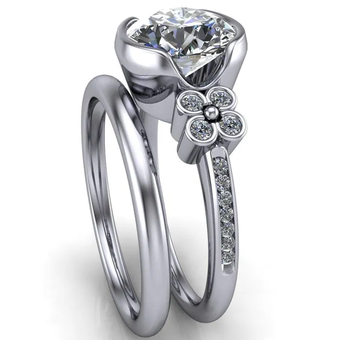 Rings Jenna Round Center Stone Half Bezel Center and Bezel Diamond 4 Lucky Clover Sides Ring Fire Brilliance 