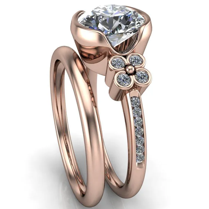 Rings Jenna Round Center Stone Half Bezel Center and Bezel Diamond 4 Lucky Clover Sides Ring Fire Brilliance 