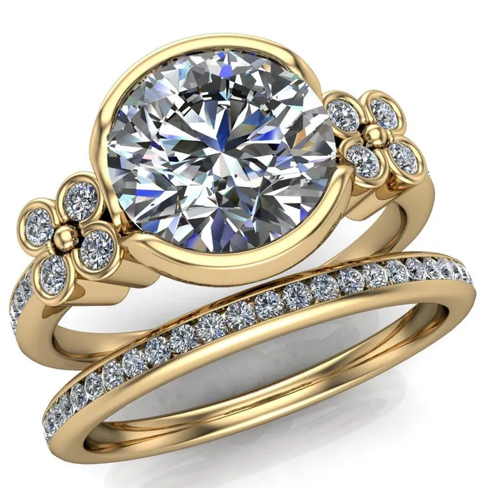 Rings Jenna Round Center Stone Half Bezel Center and Bezel Diamond 4 Lucky Clover Sides Ring Fire Brilliance 