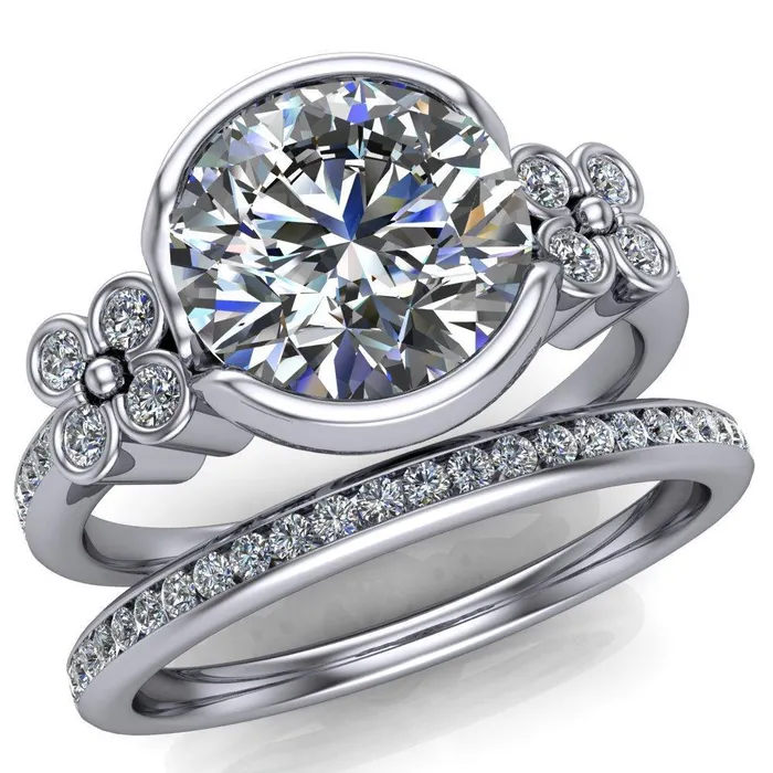 Rings Jenna Round Center Stone Half Bezel Center and Bezel Diamond 4 Lucky Clover Sides Ring Fire Brilliance 