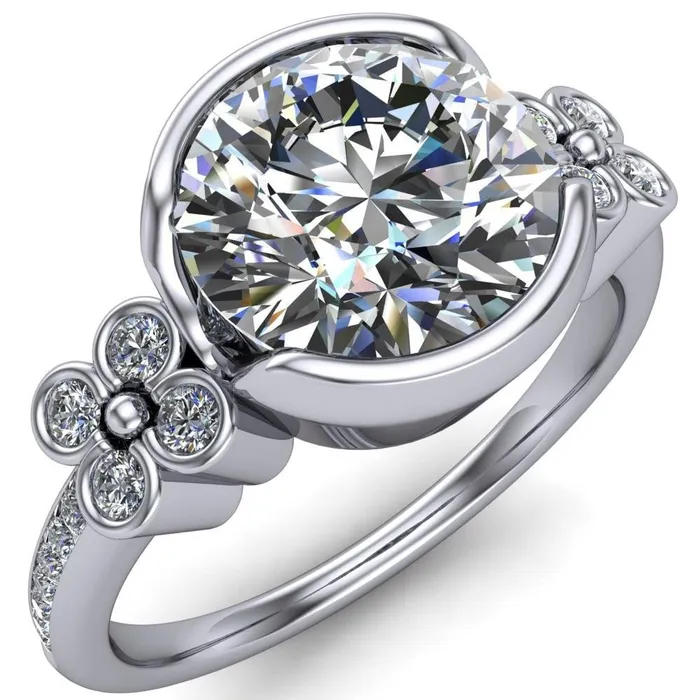 Rings Jenna Round Center Stone Half Bezel Center and Bezel Diamond 4 Lucky Clover Sides Ring Fire Brilliance 