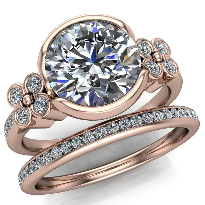 Rings Jenna Round Center Stone Half Bezel Center and Bezel Diamond 4 Lucky Clover Sides Ring Fire Brilliance 
