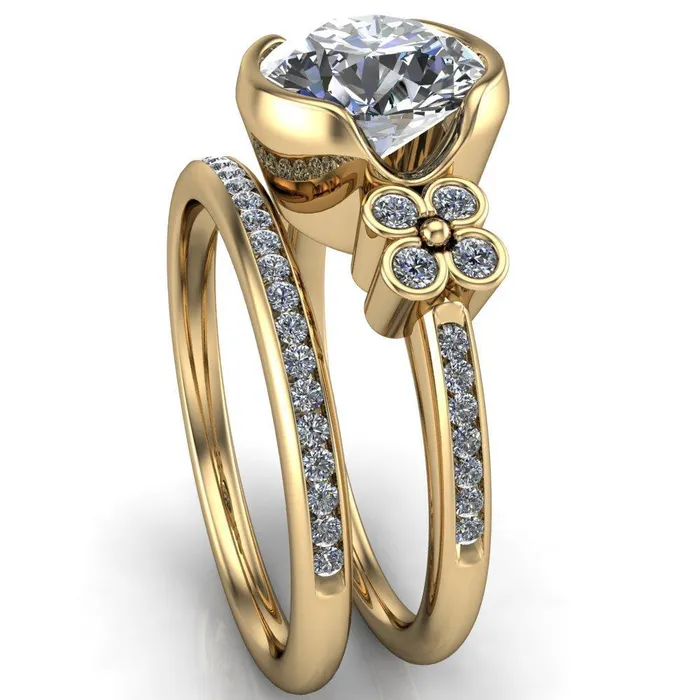 Rings Jenna Round Center Stone Half Bezel Center and Bezel Diamond 4 Lucky Clover Sides Ring Fire Brilliance 