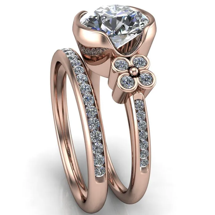 Rings Jenna Round Center Stone Half Bezel Center and Bezel Diamond 4 Lucky Clover Sides Ring Fire Brilliance 