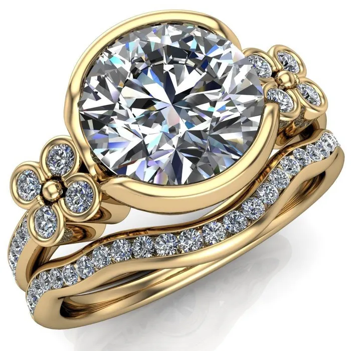 Rings Jenna Round Center Stone Half Bezel Center and Bezel Diamond 4 Lucky Clover Sides Ring Fire Brilliance 