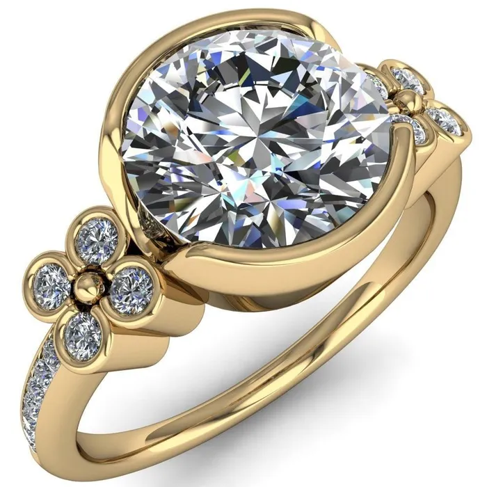 Rings Jenna Round Center Stone Half Bezel Center and Bezel Diamond 4 Lucky Clover Sides Ring Fire Brilliance 