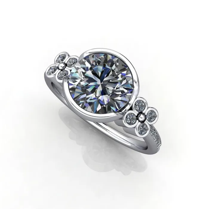 Rings Jenna Round Center Stone Half Bezel Center and Bezel Diamond 4 Lucky Clover Sides Ring Fire Brilliance 