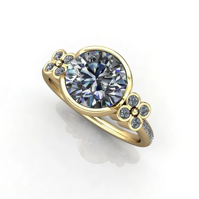 Rings Jenna Round Center Stone Half Bezel Center and Bezel Diamond 4 Lucky Clover Sides Ring Fire Brilliance 