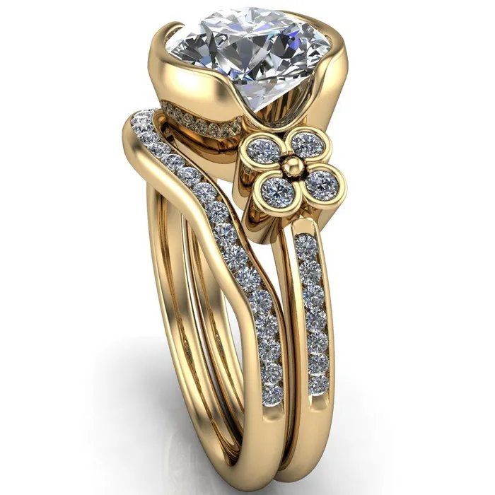 Rings Jenna Round Center Stone Half Bezel Center and Bezel Diamond 4 Lucky Clover Sides Ring Fire Brilliance 