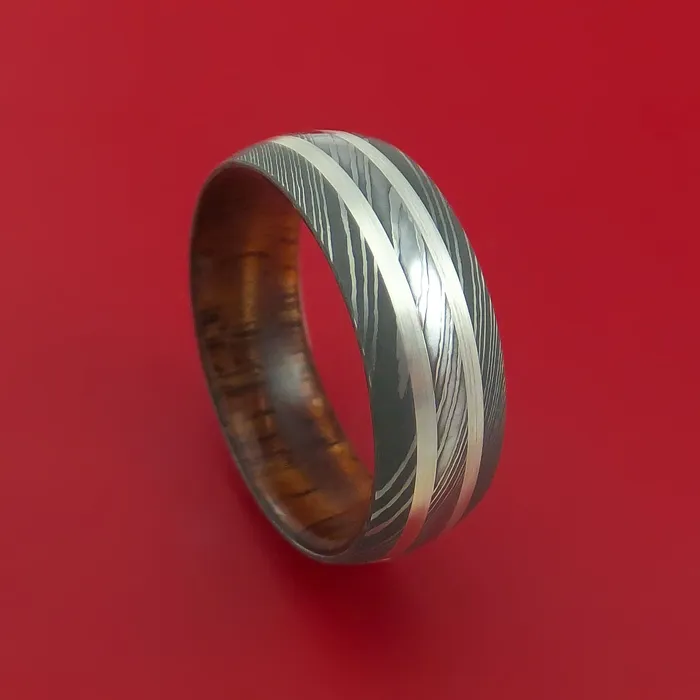 Rings Lashbrook Damascus Steel Ring with Silver Inlays and Koa Hard Wood Sleeve Rings Lashbrook Damascus Steel Ring with Silver Inlays and Koa Hard Wood Sleeve