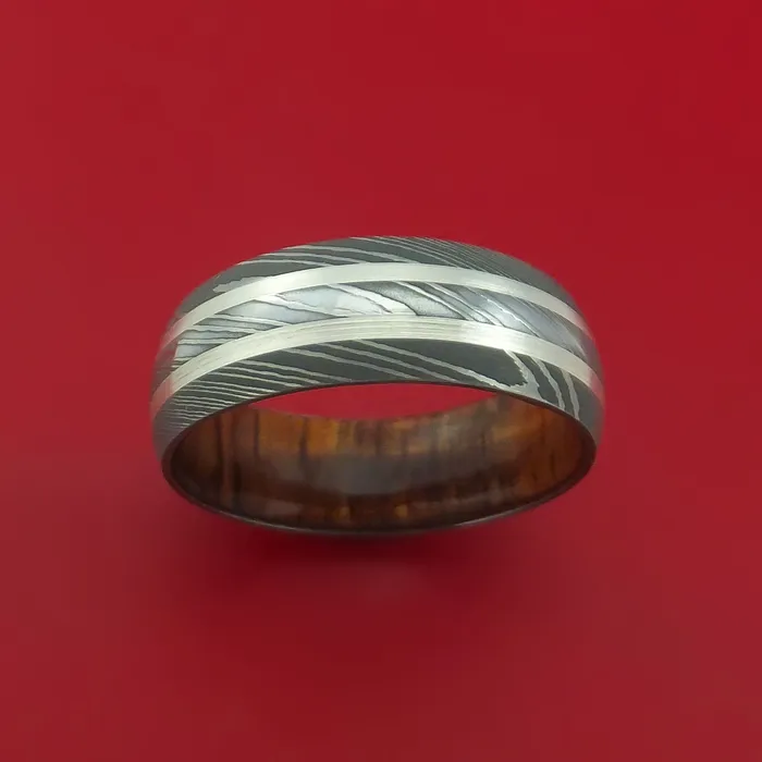 Rings Lashbrook Damascus Steel Ring with Silver Inlays and Koa Hard Wood Sleeve Rings Lashbrook Damascus Steel Ring with Silver Inlays and Koa Hard Wood Sleeve