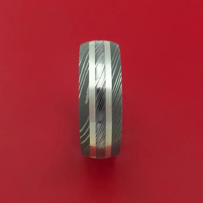 Rings Lashbrook Damascus Steel Ring with Silver Inlays and Koa Hard Wood Sleeve Rings Lashbrook Damascus Steel Ring with Silver Inlays and Koa Hard Wood Sleeve