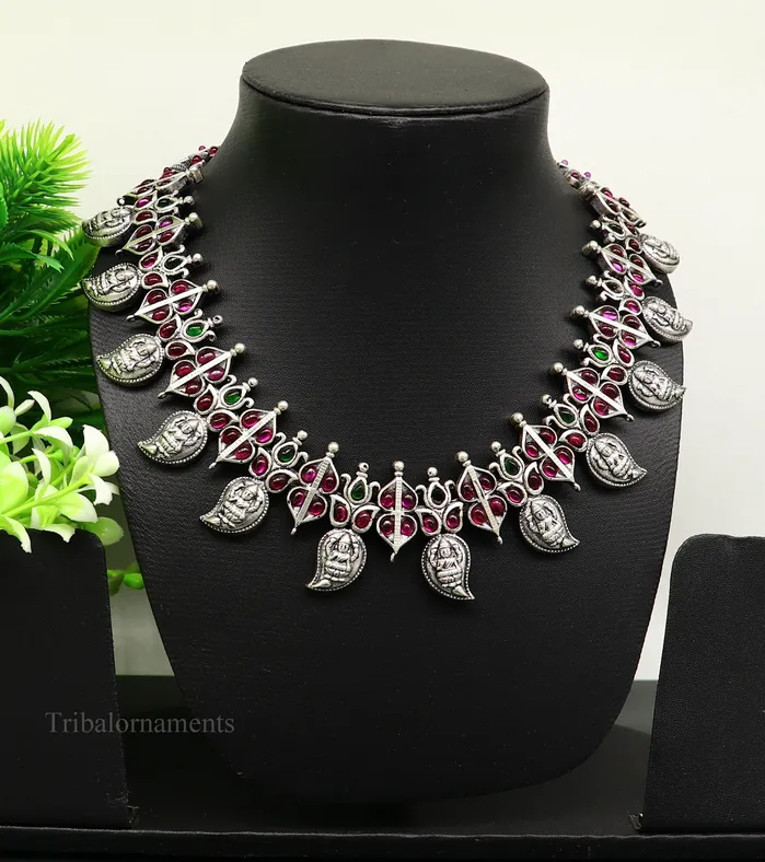 TRIBAL ORNAMENTS Necklaces 925 sterling silver handmade Goddess Laxmi stylish cut stone work necklace wedding brides charm wedding Guttapusalu necklace jewelry set257 TRIBAL ORNAMENTS Necklaces 925 sterling silver handmade Goddess Laxmi stylish cut stone work necklace wedding brides charm wedding Guttapusalu necklace jewelry set257