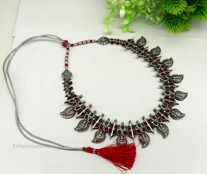 TRIBAL ORNAMENTS Necklaces 925 sterling silver handmade Goddess Laxmi stylish cut stone work necklace wedding brides charm wedding Guttapusalu necklace jewelry set257