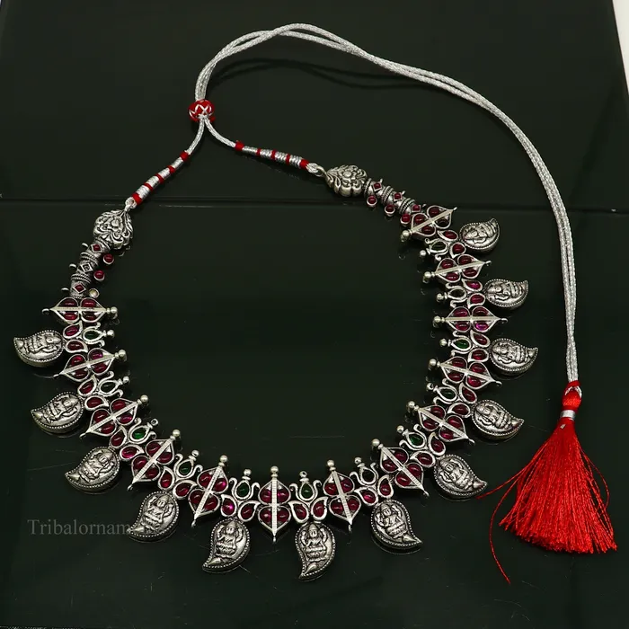 TRIBAL ORNAMENTS Necklaces 925 sterling silver handmade Goddess Laxmi stylish cut stone work necklace wedding brides charm wedding Guttapusalu necklace jewelry set257