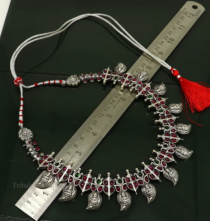 TRIBAL ORNAMENTS Necklaces 925 sterling silver handmade Goddess Laxmi stylish cut stone work necklace wedding brides charm wedding Guttapusalu necklace jewelry set257