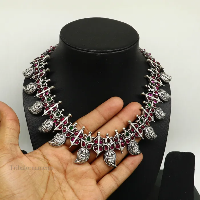 TRIBAL ORNAMENTS Necklaces 925 sterling silver handmade Goddess Laxmi stylish cut stone work necklace wedding brides charm wedding Guttapusalu necklace jewelry set257