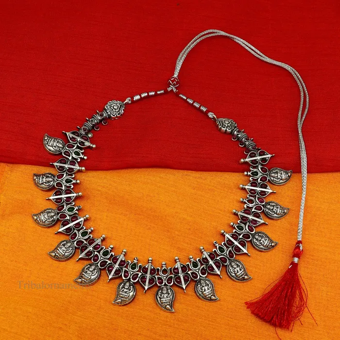 TRIBAL ORNAMENTS Necklaces 925 sterling silver handmade Goddess Laxmi stylish cut stone work necklace wedding brides charm wedding Guttapusalu necklace jewelry set257