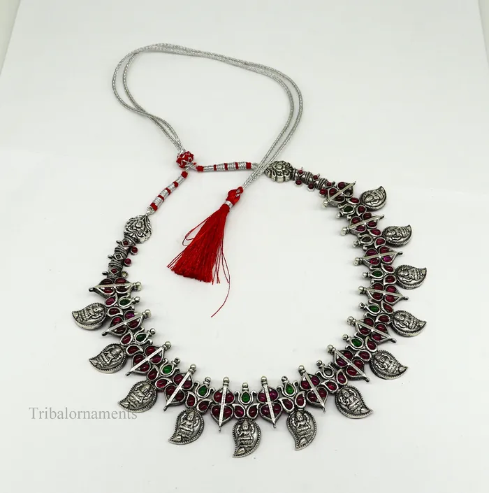 TRIBAL ORNAMENTS Necklaces 925 sterling silver handmade Goddess Laxmi stylish cut stone work necklace wedding brides charm wedding Guttapusalu necklace jewelry set257