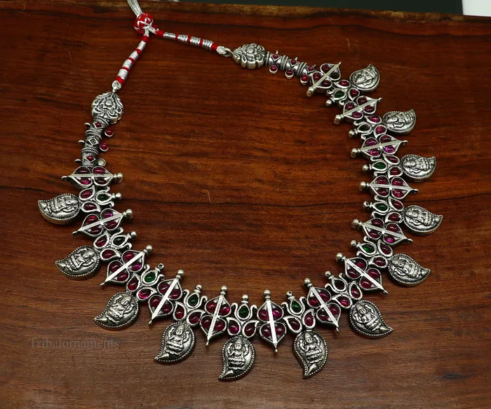 TRIBAL ORNAMENTS Necklaces 925 sterling silver handmade Goddess Laxmi stylish cut stone work necklace wedding brides charm wedding Guttapusalu necklace jewelry set257