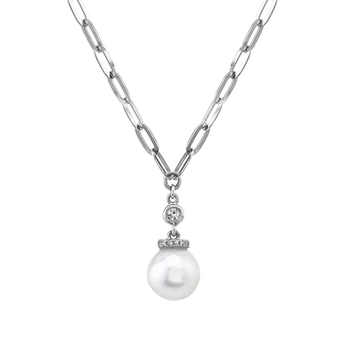 14K White Gold Cultured Pearl Diamond Paperclip Link Necklace Meierotto Jewelers Necklaces 14K White Gold Cultured Pearl Diamond Paperclip Link Necklace Meierotto Jewelers Necklaces