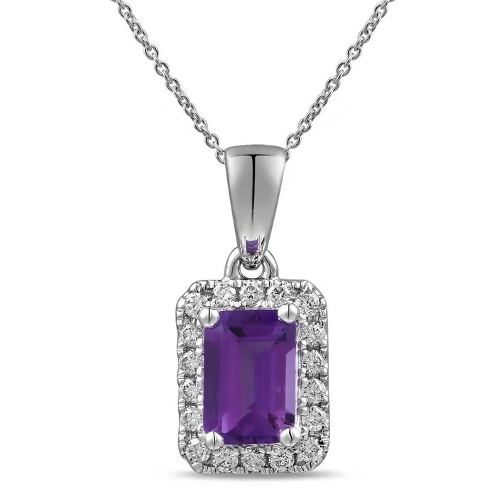 18K White Gold Emerald Cut Amethyst with Diamond Halo Pendant Meierotto Jewelers Necklaces 18K White Gold Emerald Cut Amethyst with Diamond Halo Pendant Meierotto Jewelers Necklaces