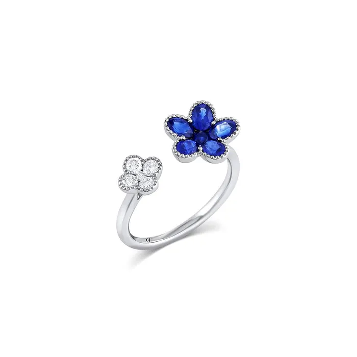 18kt White Gold Blue Sapphire and Diamond Double Flower Open Ring CJ Charles Jewelers Rings 18kt White Gold Blue Sapphire and Diamond Double Flower Open Ring CJ Charles Jewelers Rings