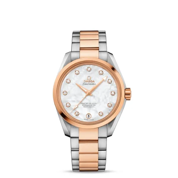 Bracelets Omega Omega Seamaster 39mm Watch Ref 23120392155003 White Mother of Pearl Diamond Index Dial Two Tone Stainless Steel 18K Rose Gold Bracelet