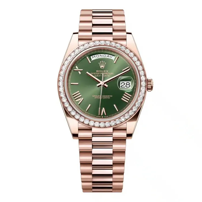 Bracelets Rolex Rolex Day Date 40mm Ref 228345rbr0011 Olive Green Roman Dial Diamond Bezel 18K Rose Gold President Bracelet Mens Watch Bracelets Rolex Rolex Day Date 40mm Ref 228345rbr0011 Olive Green Roman Dial Diamond Bezel 18K Rose Gold President Bracelet Mens Watch