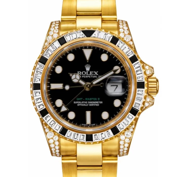 Bracelets Rolex Rolex GMTMaster II 40mm Ref 116758SANR Black Dial Diamond Sapphire Bezel Diamond Case 18K Yellow Gold Oyster Bracelet Mens Watch