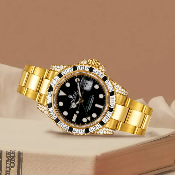 Bracelets Rolex Rolex GMTMaster II 40mm Ref 116758SANR Black Dial Diamond Sapphire Bezel Diamond Case 18K Yellow Gold Oyster Bracelet Mens Watch
