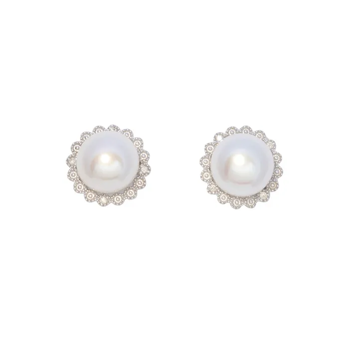 Croghans Freshwater Pearl Diamond Sterling Silver Stud Earrings Earrings